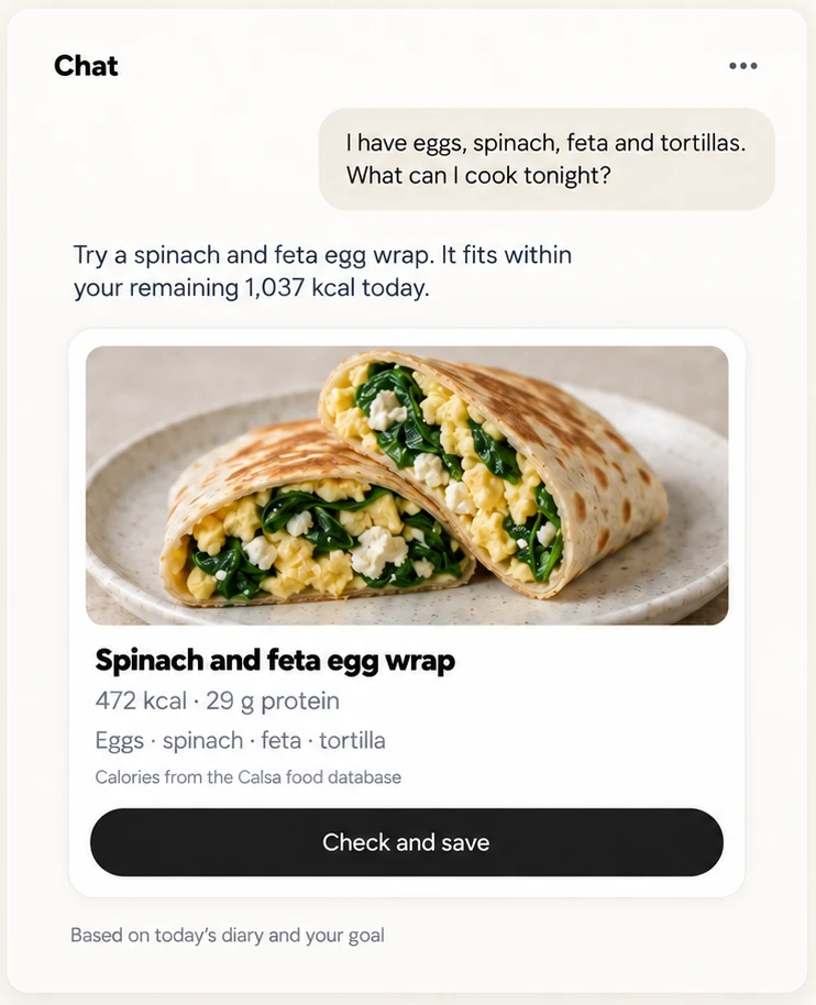 A Calsa conversation suggesting an egg wrap for dinner using the food diary