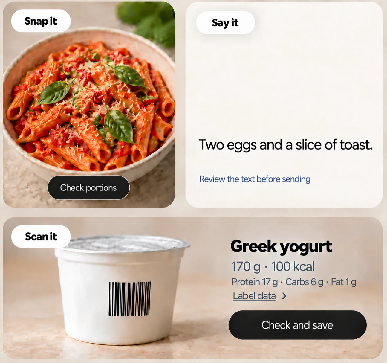 Pasta photo, voice logging and yogurt with barcode results and macros overlaid on the photo
